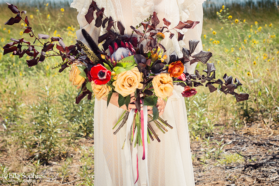 Detail of unique bridal bouquet by San Francisco florist Ash+Oak, by Wedding Photographer Ella Sophie