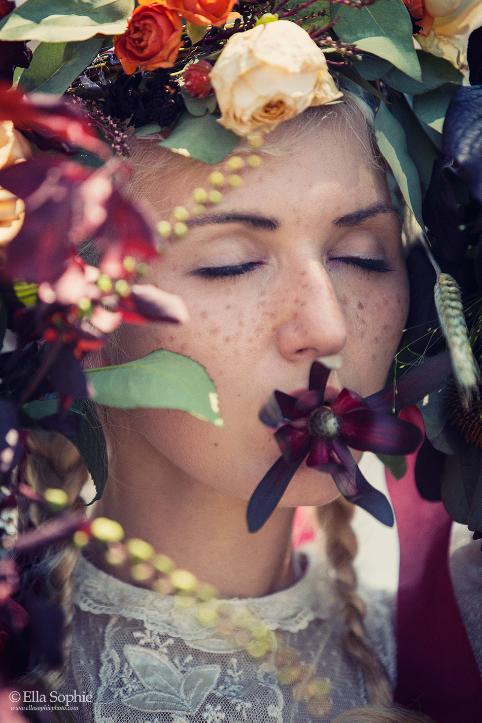 Close up freckled face with flower crown and flowers. Napa CA, photographer Ella Sophie
