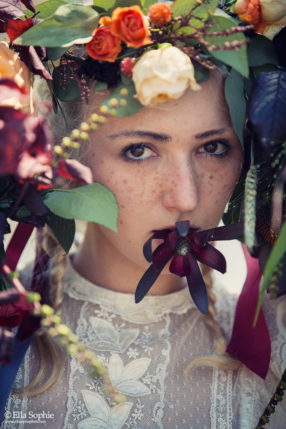 Ella Sophie, Napa Photographer, freckled bridal portrait with flowers, close up