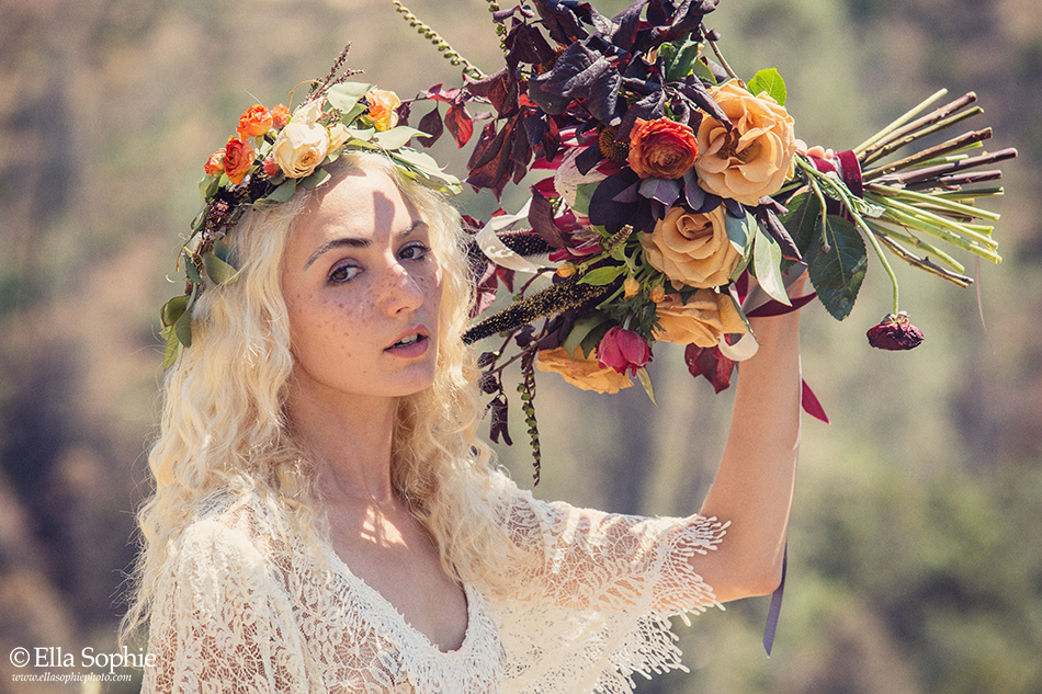 Model Zoe West, Bridal Portraits with flower crown, and alternative bouquet, by photographer Ella Sophie. 