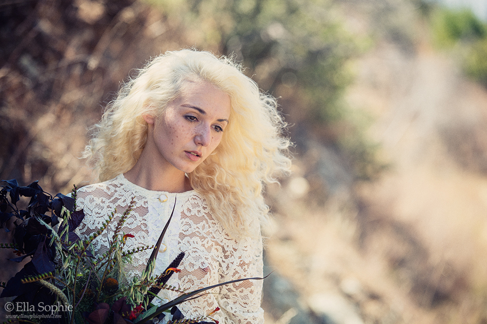 Freckled alternative bride with white lace top. Napa, CA. Photographer Ella Sophie