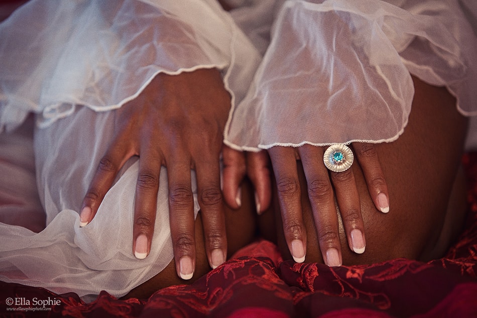 bridal boudoir, white gold ring with turquoise sapphire, Oakland photographer ella sophie
