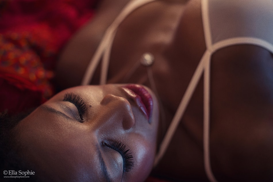 close up beauty boudoir portrait, long eyelashes