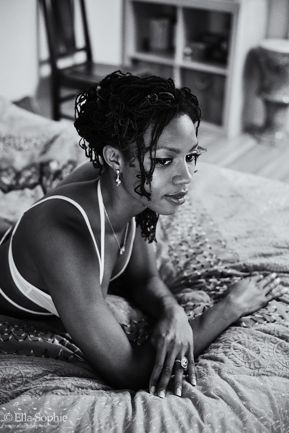 black and white boudoir photo braided hair