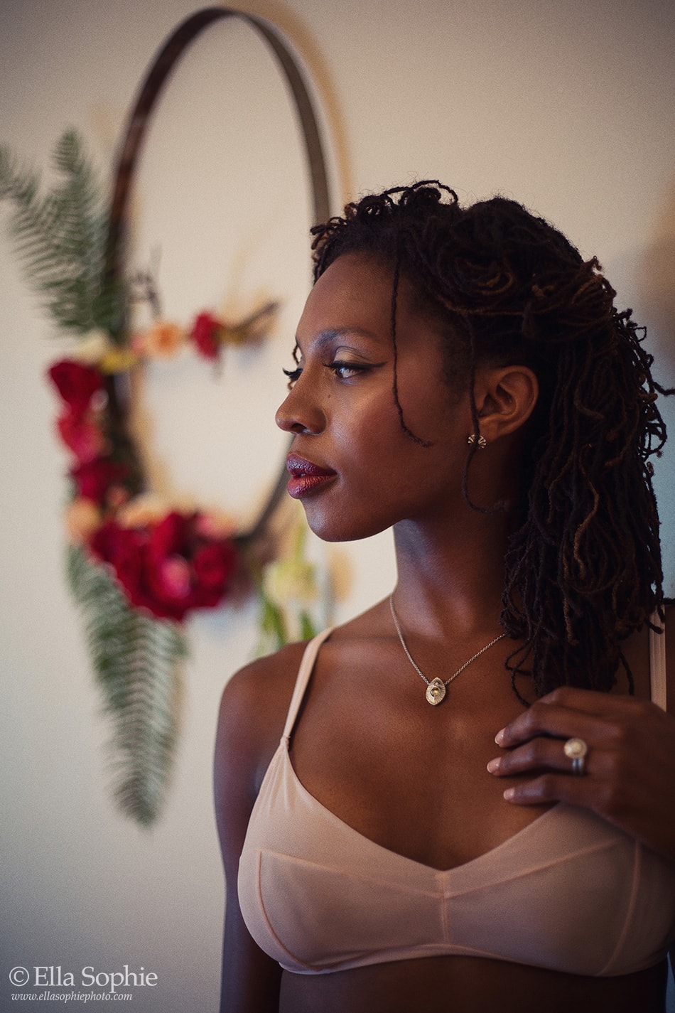 bridal boudoir portrait black woman with white bra