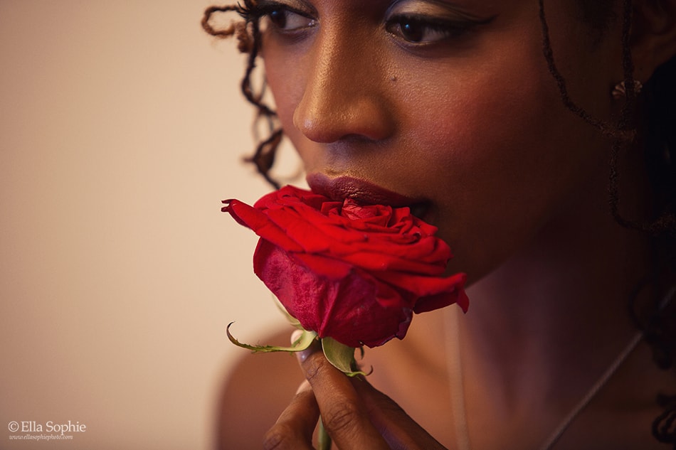 red rose in mouth, beauty boudoir detail