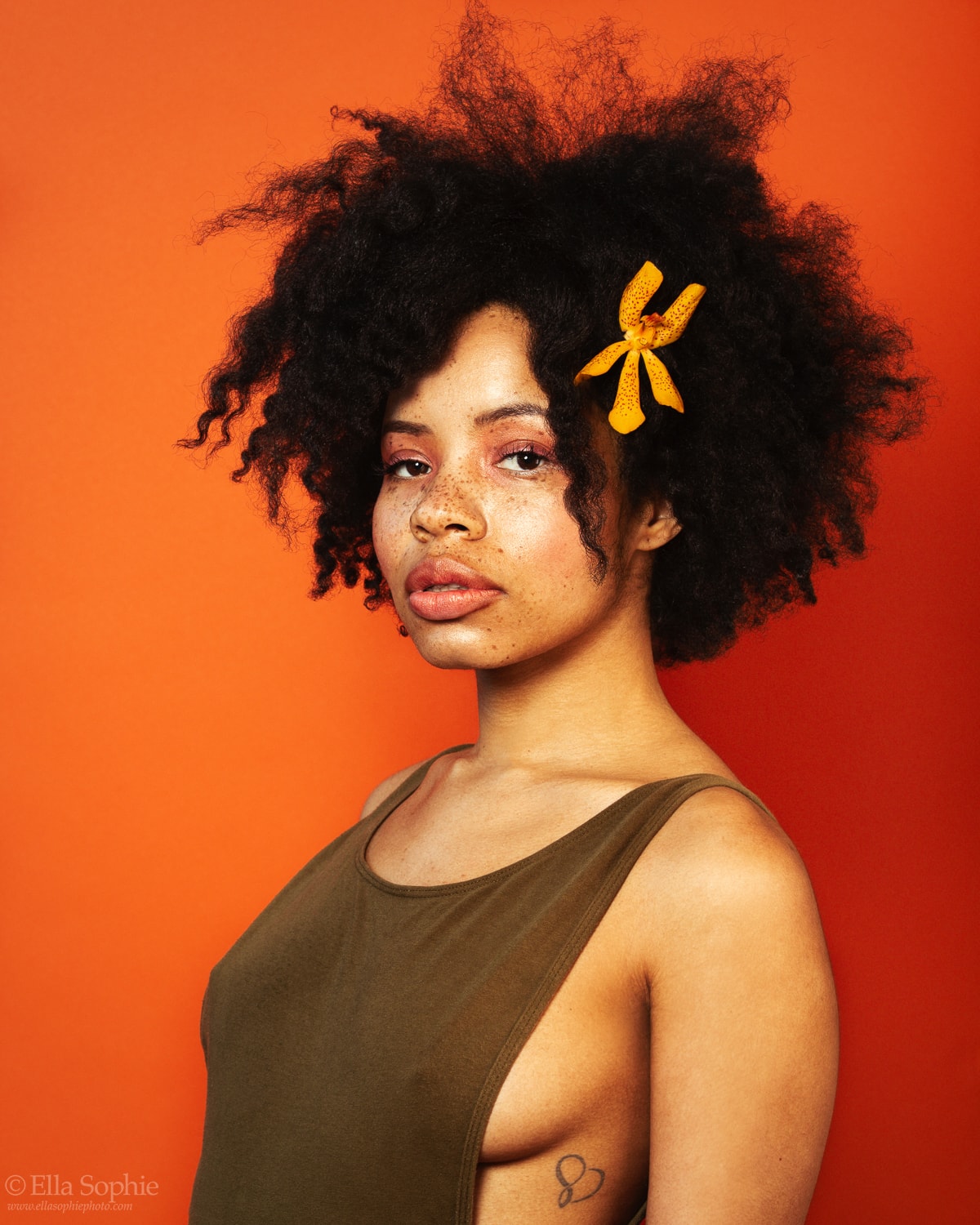 Natural freckled beauty with afro, boudoir portrait by Ella Sophie, Oakland CA Photographer