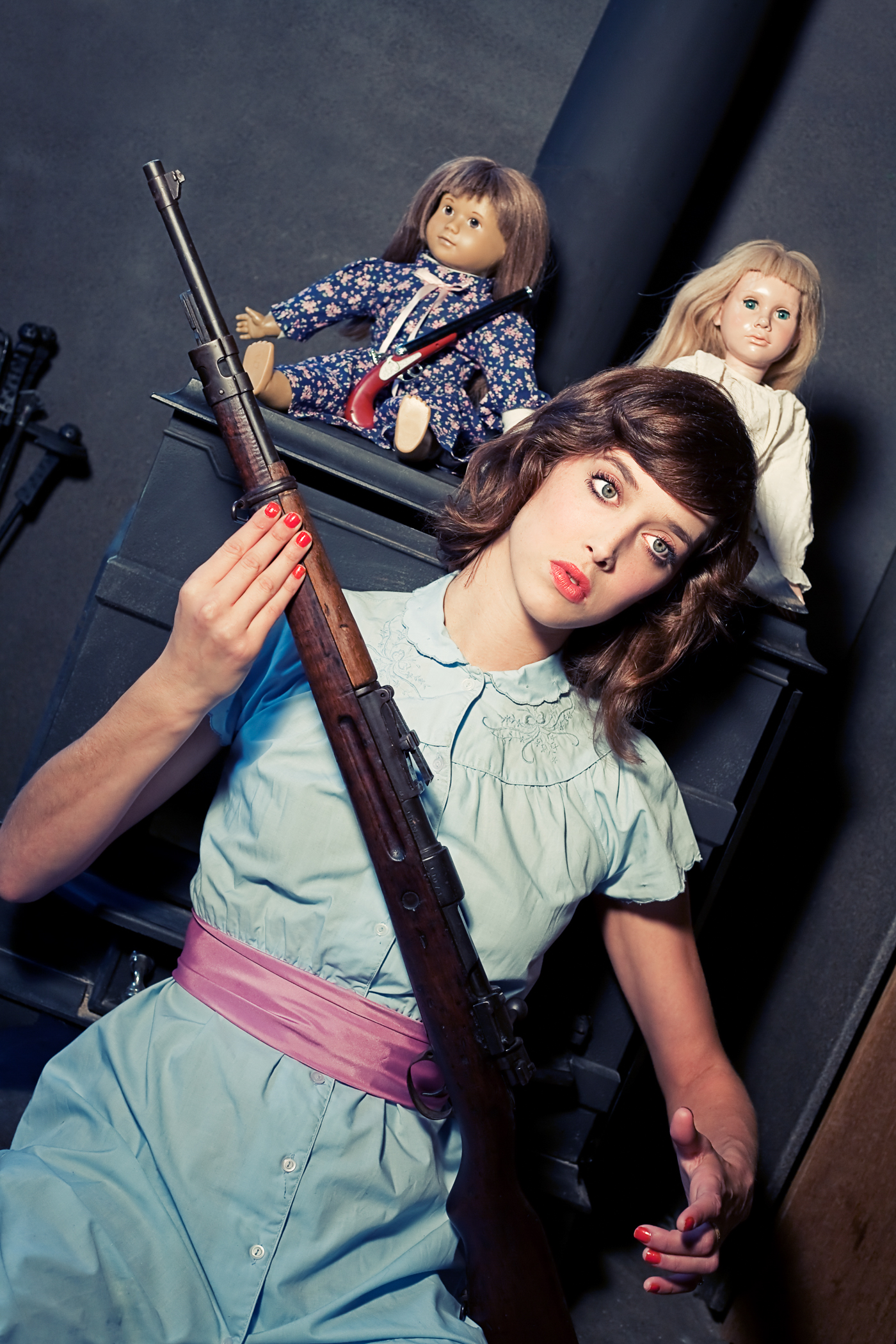 The Doll Collection by photographer Ella Sophie. Acacia with shotgun and dolls in woodstock NY. 