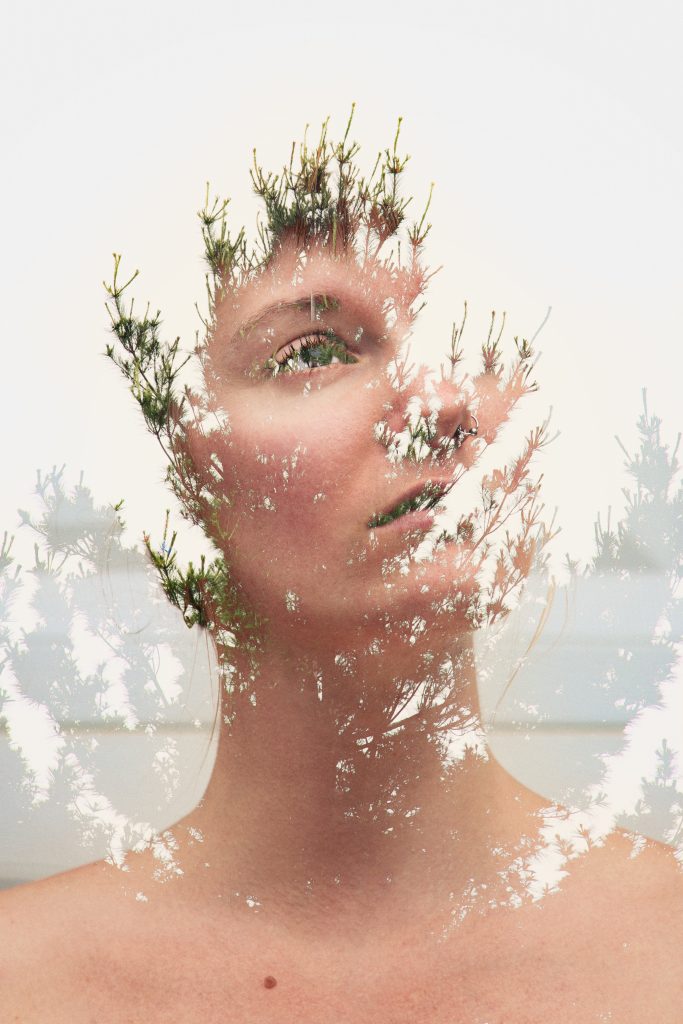 Vera Vinot with pine tree multiple exposure portrait. By San Francisco portrait photographer Ella Sophie. Obscured Light Series