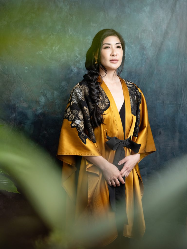 Portrait of Annie wearing a gold Kimono taken by SF branding portraits photographer Ella Sophie